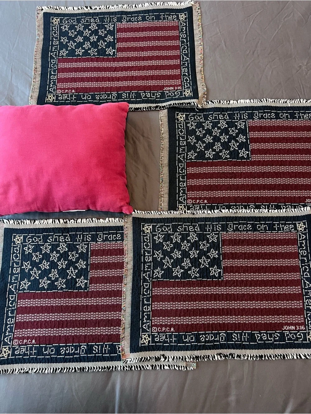 Americana Tapestry 4 Placemats + Pillow John 3:16 Christian Patriotic Decor